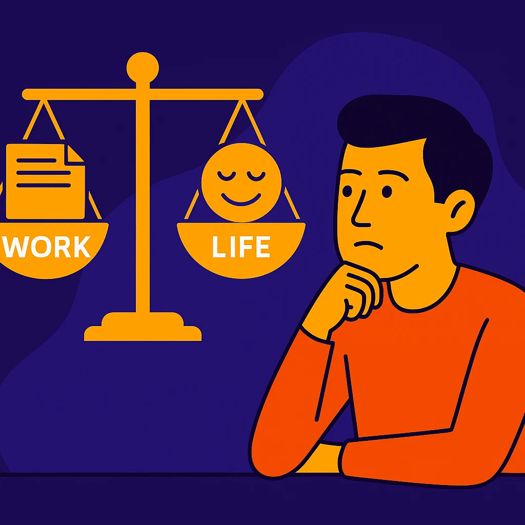 Весы с надписями Work и Life как символ индивидуального баланса между работой и личной жизнью